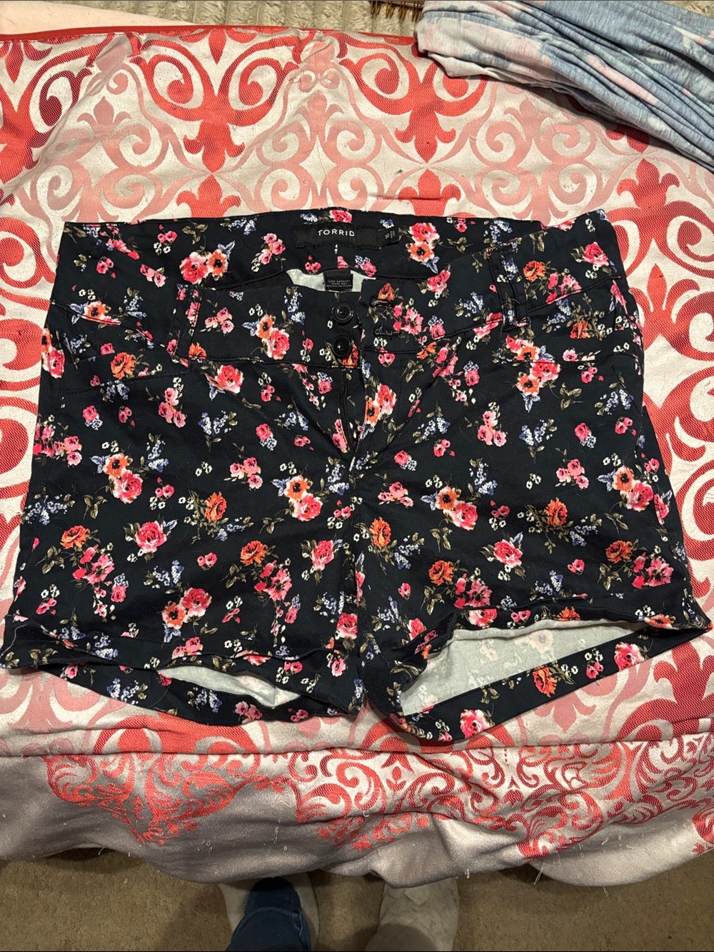 torrid Black Floral High-Rise Jean Shorts with Pink & Red Blooms